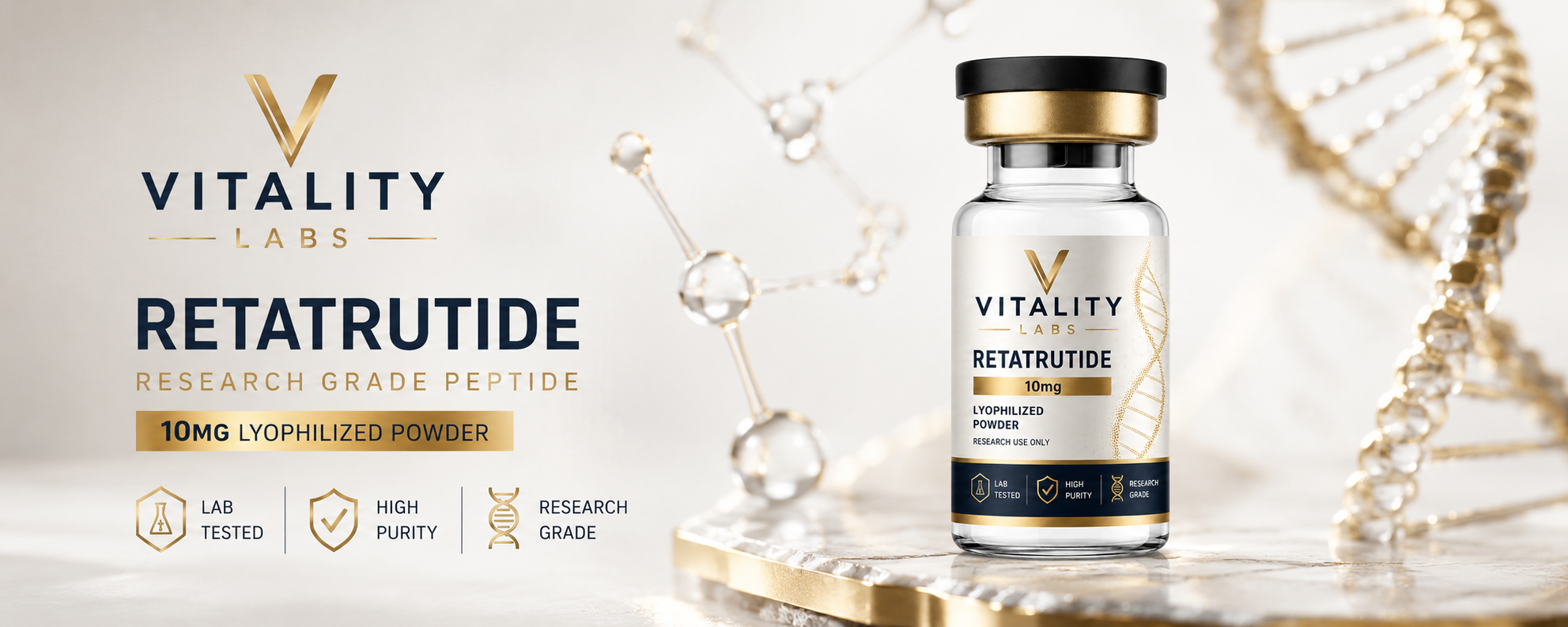 Vitality Labs Retatrutide 10mg research grade peptide vial on marble — lab tested, high purity, research use only, shipped from Australia
