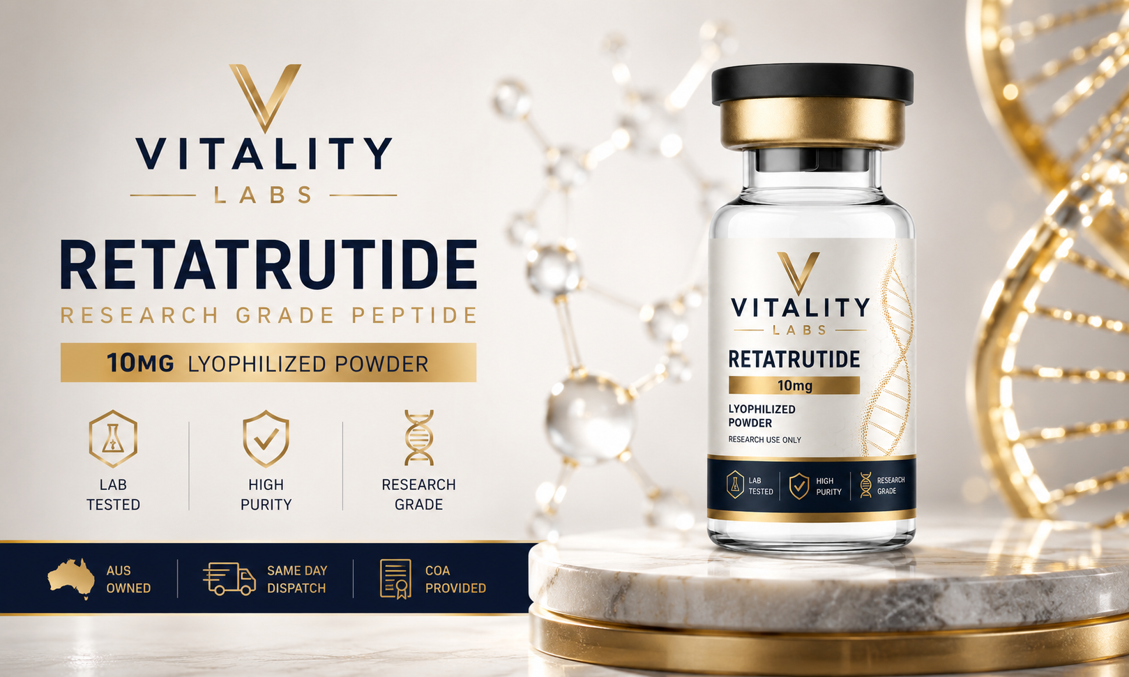 Vitality Labs Retatrutide 10mg lyophilised powder vial — lab tested, high purity, research grade, Australian owned with COA provided